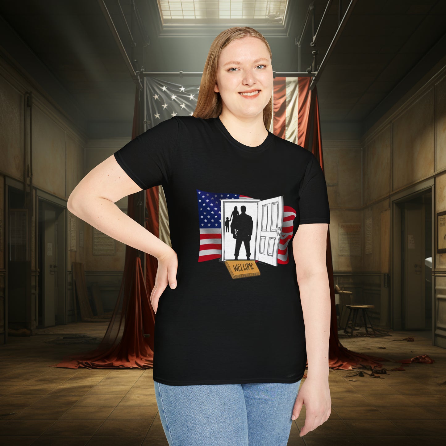 Unisex "Welcome Home" Soft Style T-Shirt.  Hunting Shirt, Patriotic Shirt, Gift For Veteran, Unisex, Army Wife, Veteran, Birthday Gift.