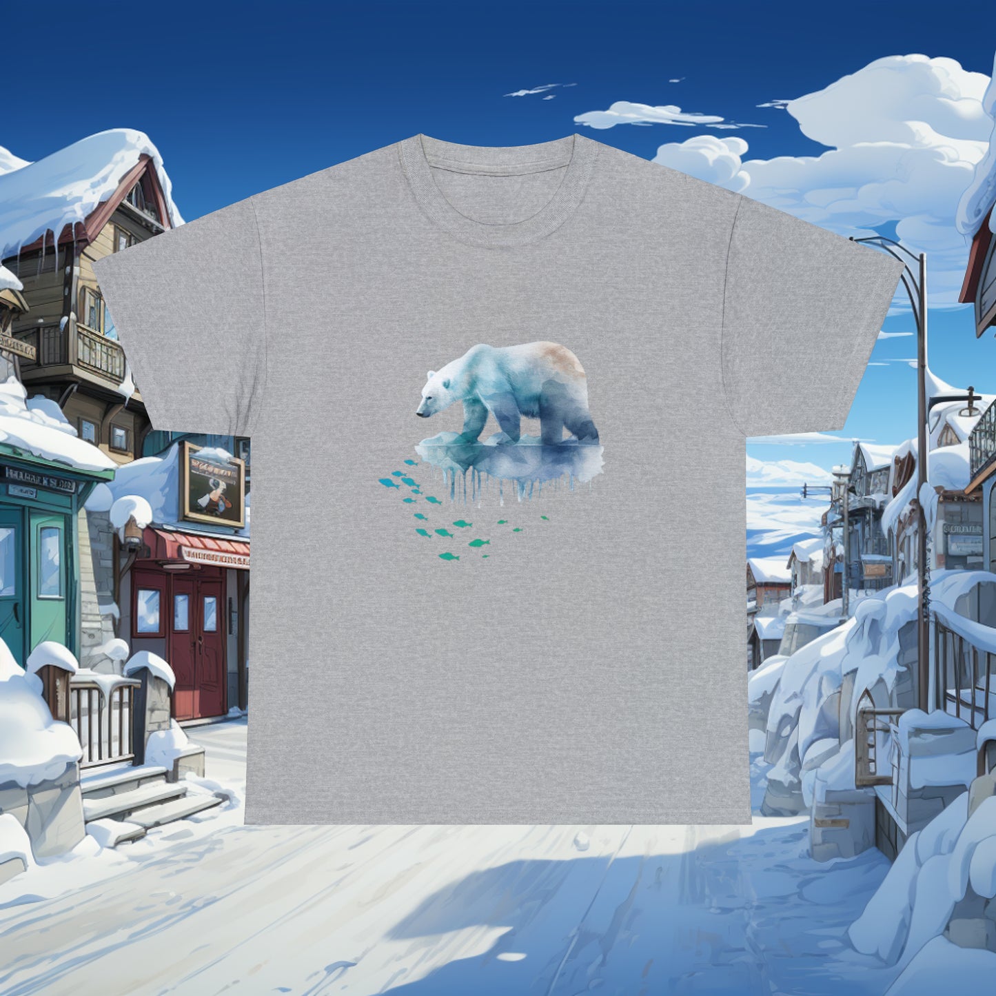 Unisex "Polar Fishing" Heavy Cotton Tee. Graphic T-Shirt, Unisex, Polar Bear, Animal Lover, Gift For Him, Gift For Her, Birthday Gift.