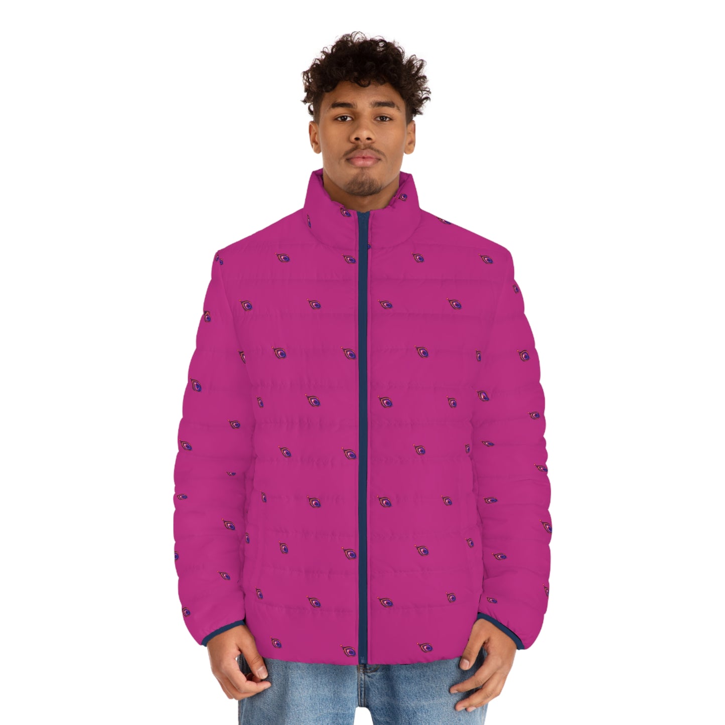 Men's "Beautiful Display" Puffer Jacket (AOP). Puffer Jacket, Spring, Mens Clothes, Warm Jacket, Lightweight, Peacock, Graphic Design