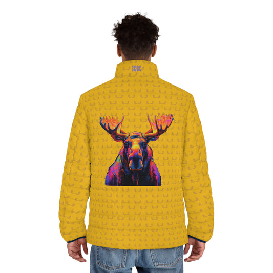 Men's SCBC "Antlered Foe" Puffer Jacket (AOP). Puffer Jacket, Spring, Mens Clothes, Warm Jacket, Lightweight, Moose, Graphic Design