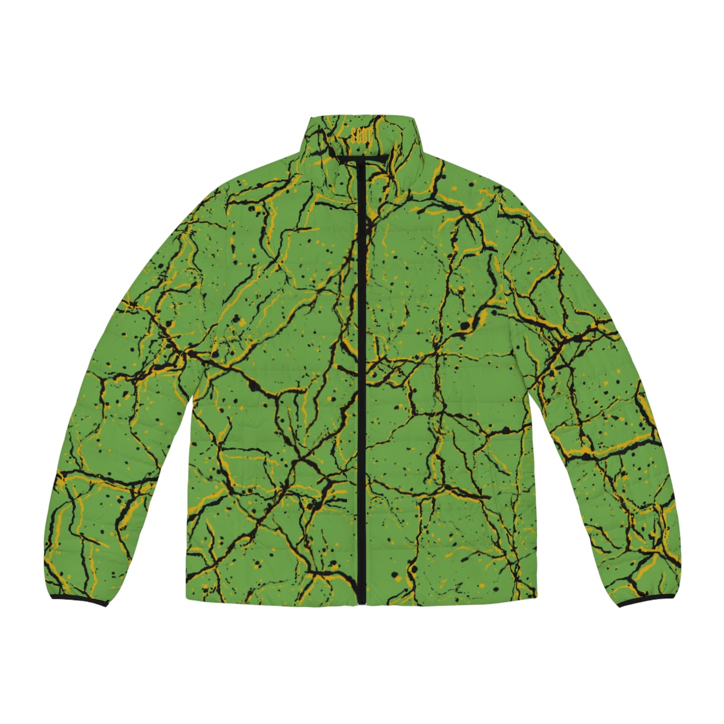 Men's SCBC "Face Crack" Puffer Jacket (AOP). Puffer Jacket, Spring, Mens Clothes, Warm Jacket, Lightweight, Clown, Graphic Design.