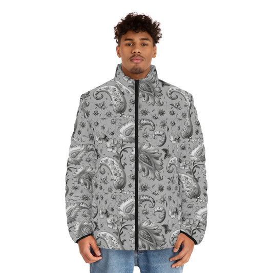 Men's SCBC "El Gris" Puffer Jacket (AOP). Puffer Jacket, Spring, Mens Clothes, Warm Jacket, Lightweight, Paisley Print, Graphic Design.