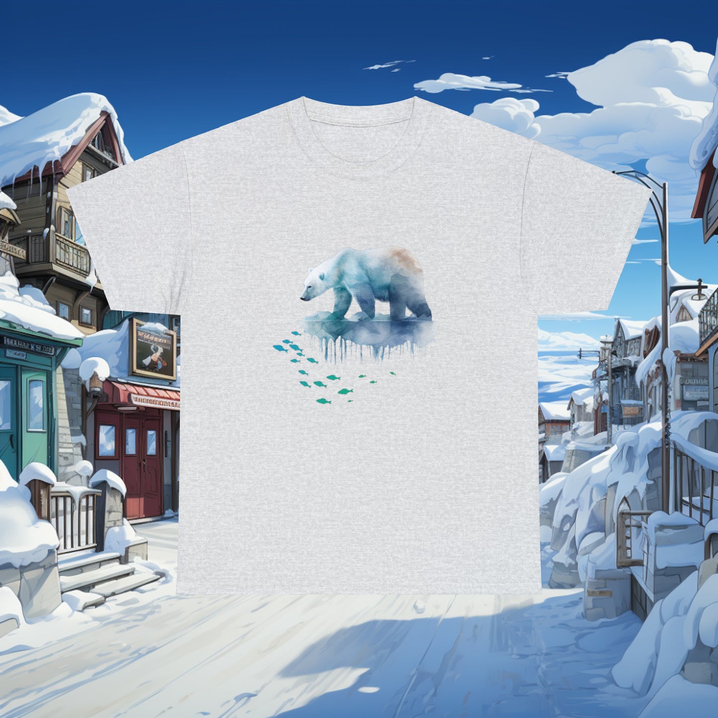 Unisex "Polar Fishing" Heavy Cotton Tee. Graphic T-Shirt, Unisex, Polar Bear, Animal Lover, Gift For Him, Gift For Her, Birthday Gift.