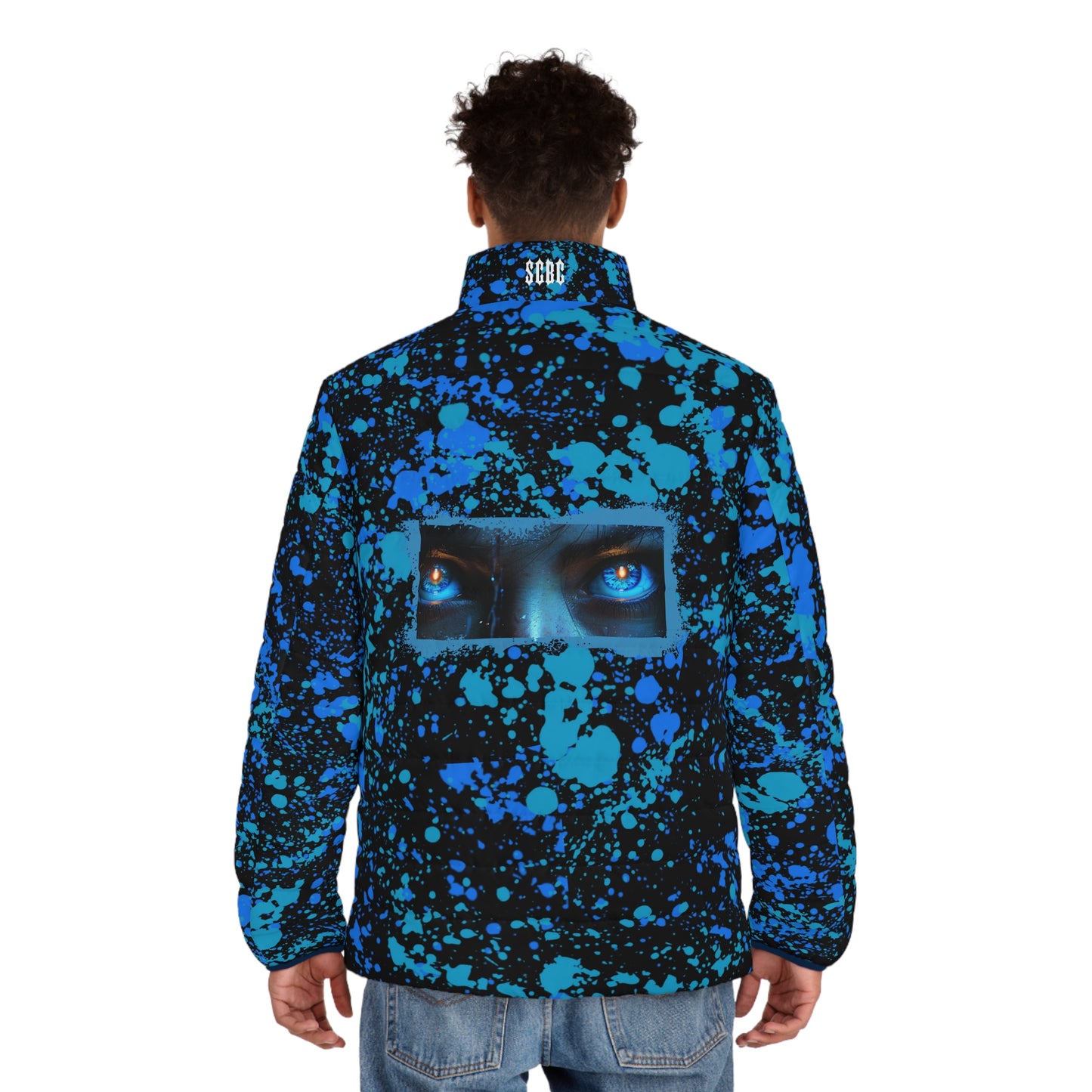 Men' s SCBC "Peering Eyes" Puffer Jacket (AOP). Puffer Jacket, Spring, Men's Clothes, Warm Jacket, Lightweight, Art, Graphic Design