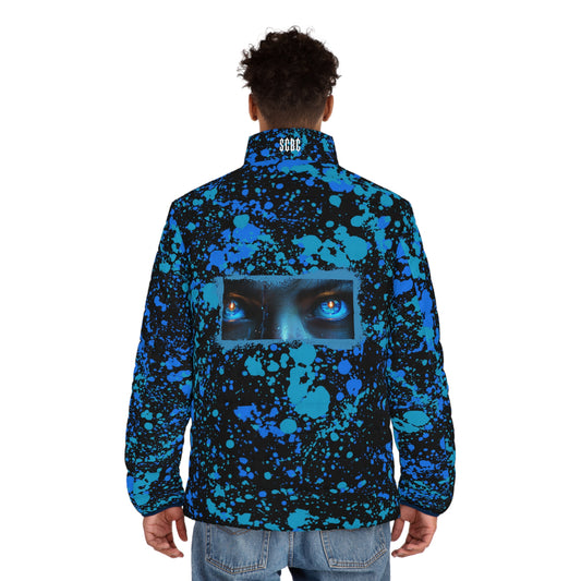 Men' s SCBC "Peering Eyes" Puffer Jacket (AOP). Puffer Jacket, Spring, Men's Clothes, Warm Jacket, Lightweight, Art, Graphic Design