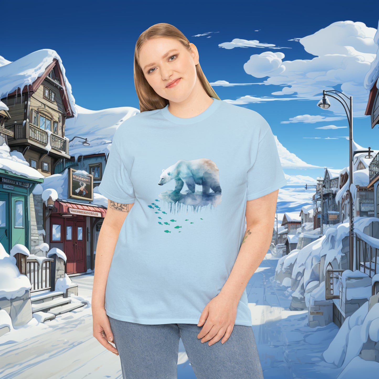 Unisex "Polar Fishing" Heavy Cotton Tee. Graphic T-Shirt, Unisex, Polar Bear, Animal Lover, Gift For Him, Gift For Her, Birthday Gift.