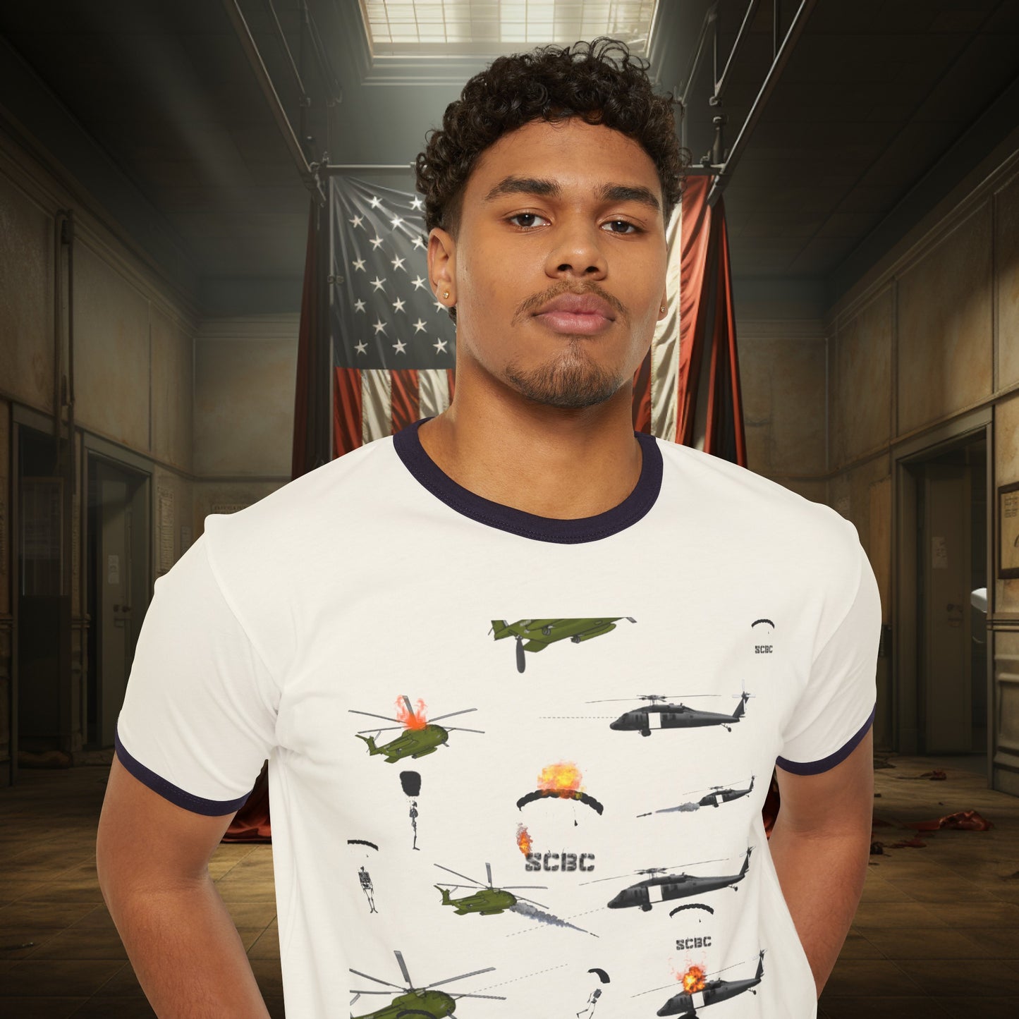 Unisex SCBC "Skull Wars" Cotton Ringer T-Shirt. Graphic T-Shirt, Streetwear, Branded T-Shirt, Original Design, Unisex, Army Shirt, Patriotic