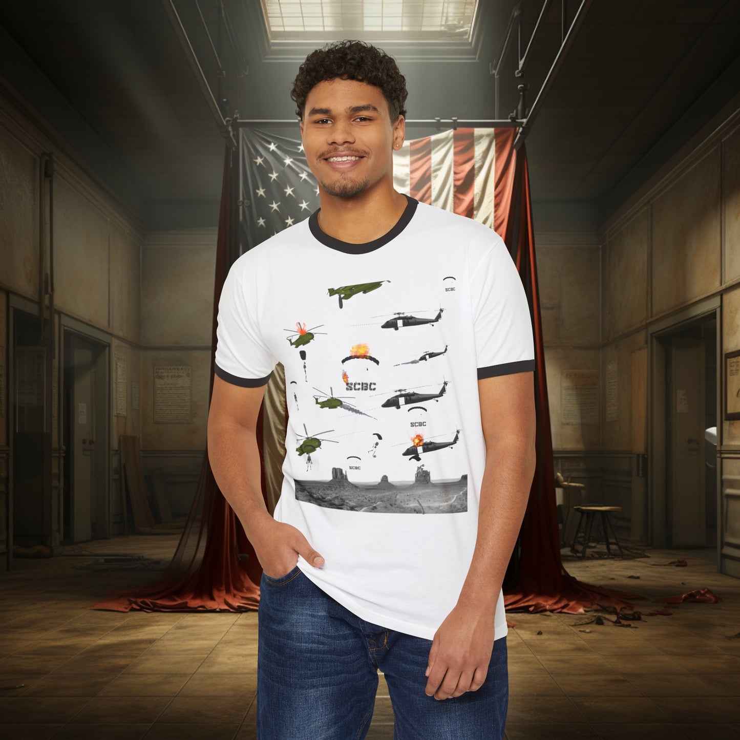 Unisex SCBC "Skull Wars" Cotton Ringer T-Shirt. Graphic T-Shirt, Streetwear, Branded T-Shirt, Original Design, Unisex, Army Shirt, Patriotic