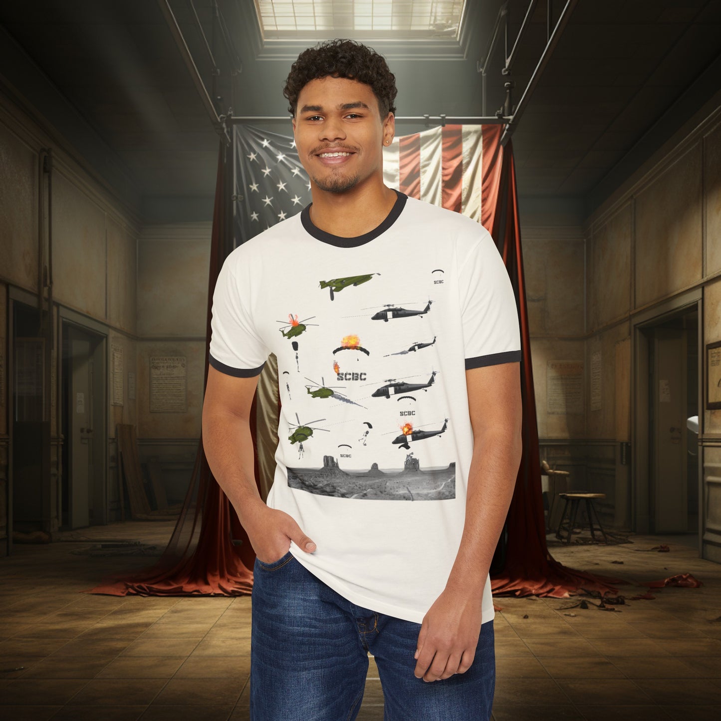 Unisex SCBC "Skull Wars" Cotton Ringer T-Shirt. Graphic T-Shirt, Streetwear, Branded T-Shirt, Original Design, Unisex, Army Shirt, Patriotic