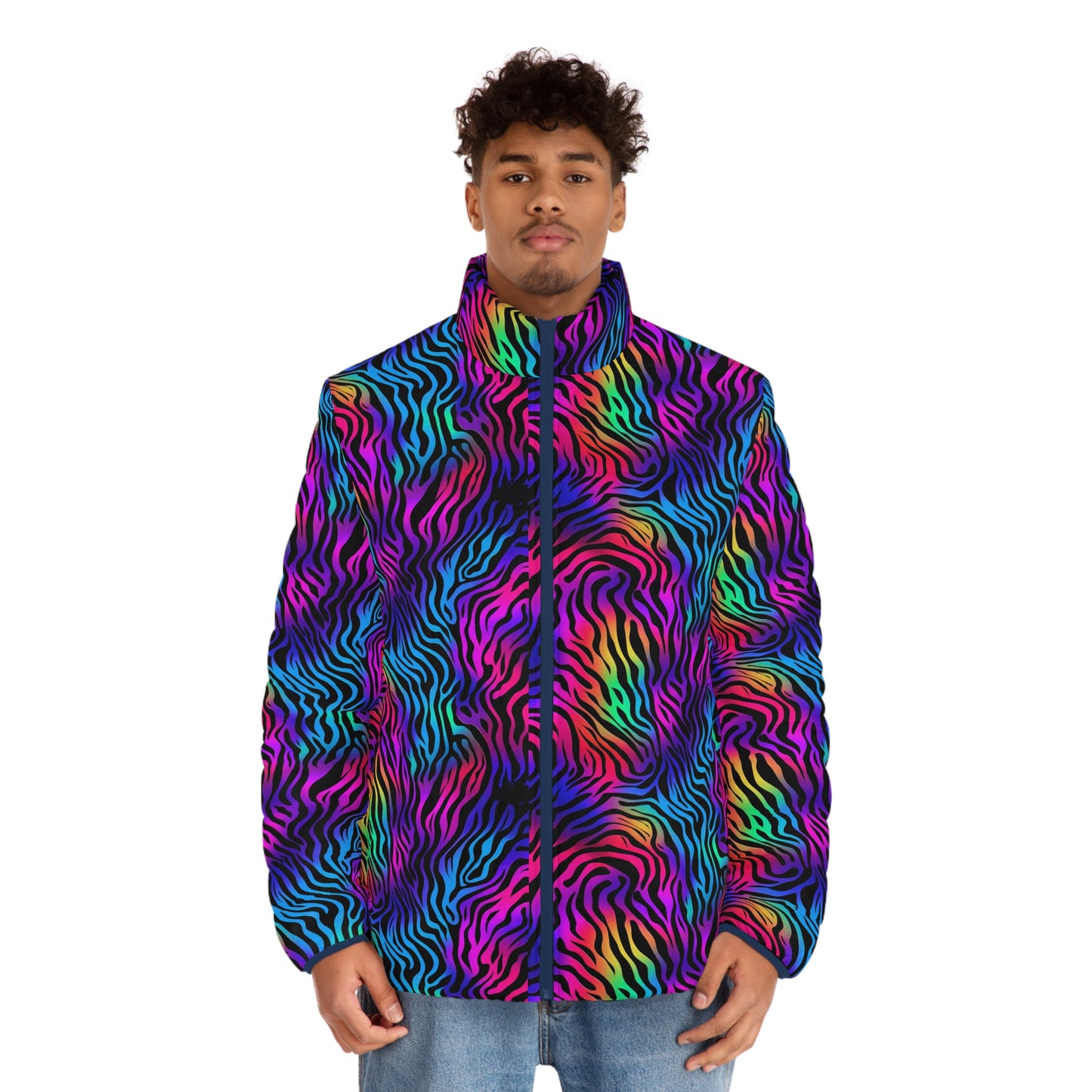Men's "Neon Hunter" Puffer Jacket (AOP). Puffer Jacket, Spring, Mens Clothes, Warm Jacket, Lightweight, Tiger Graphic Design