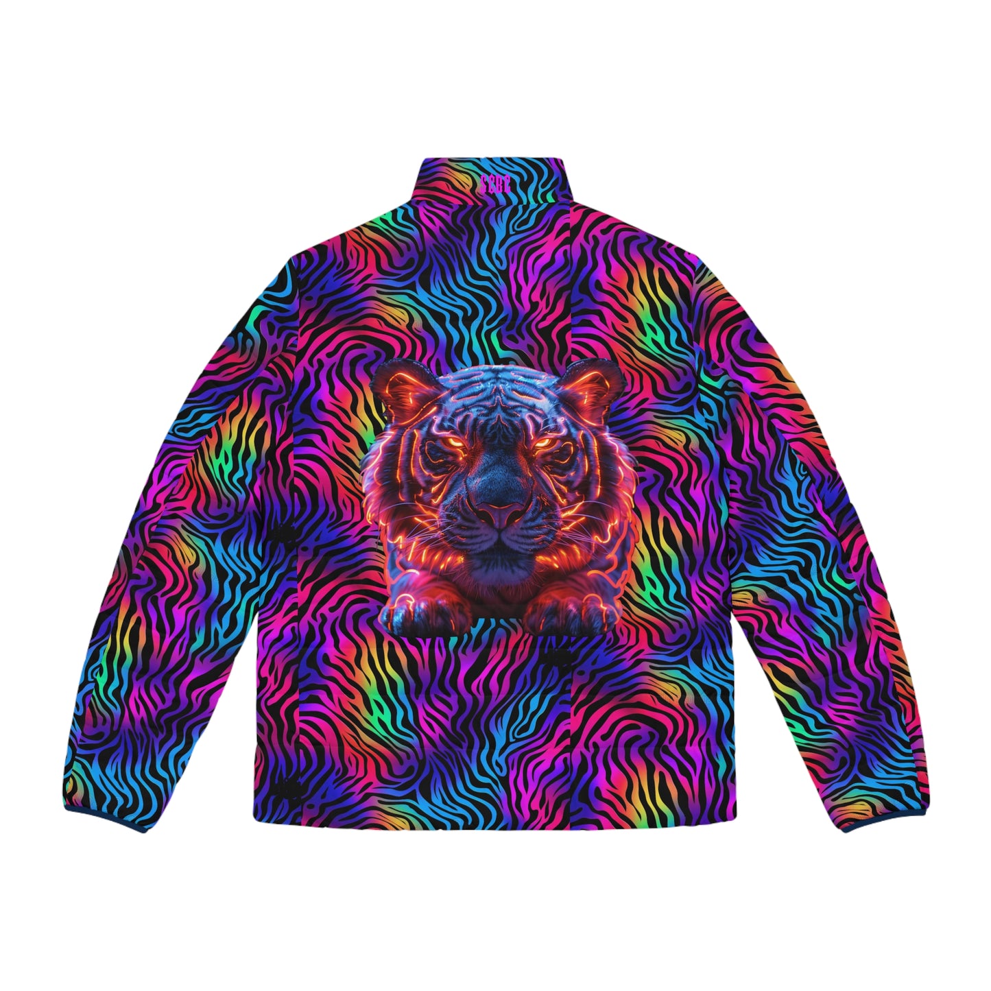 Men's "Neon Hunter" Puffer Jacket (AOP). Puffer Jacket, Spring, Mens Clothes, Warm Jacket, Lightweight, Tiger Graphic Design