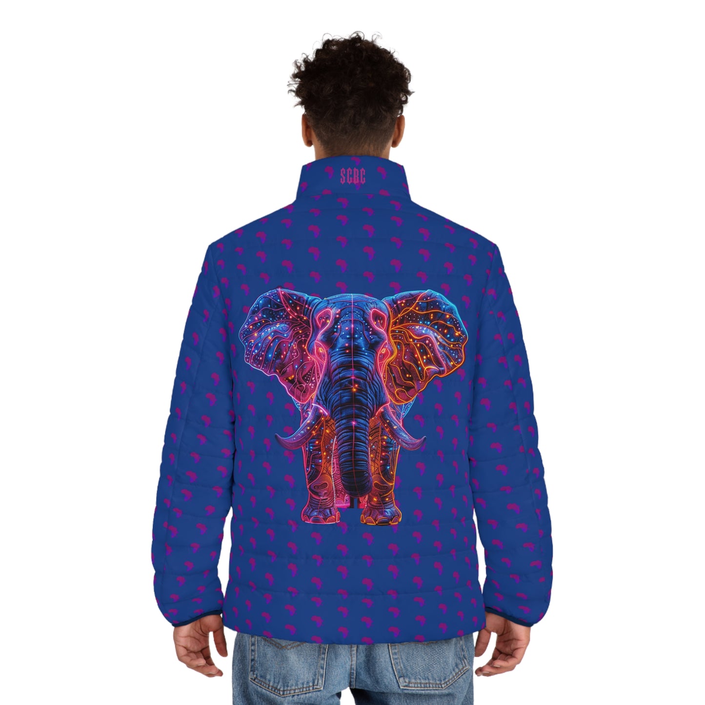 Men's SCBC "Safari King" Puffer Jacket (AOP). Puffer Jacket, Spring, Mens Clothes, Warm Jacket, Lightweight, Elephant. Graphic Design