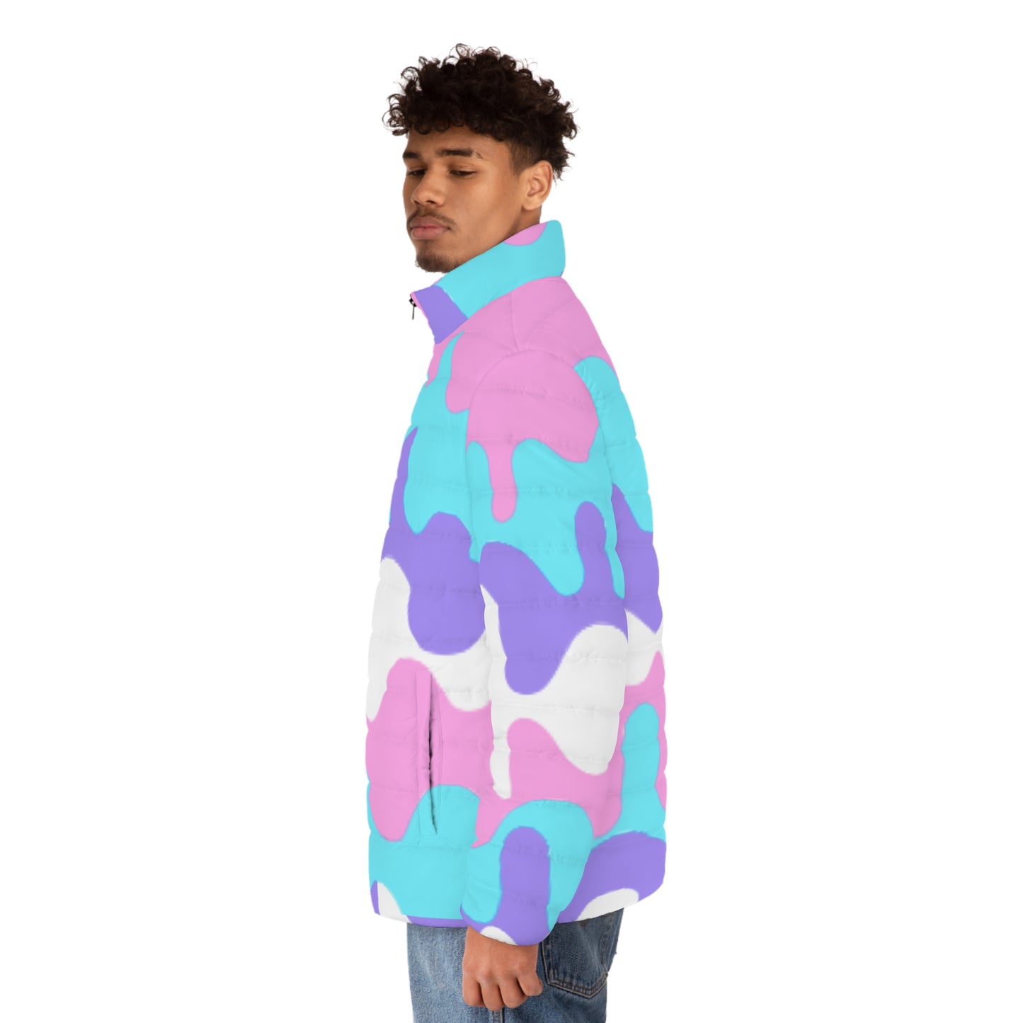 Men' s SCBC "Pastel Power" Puffer Jacket (AOP). Puffer Jacket, Spring, Men's Clothes, Warm Jacket, Lightweight, Art, Graphic Design