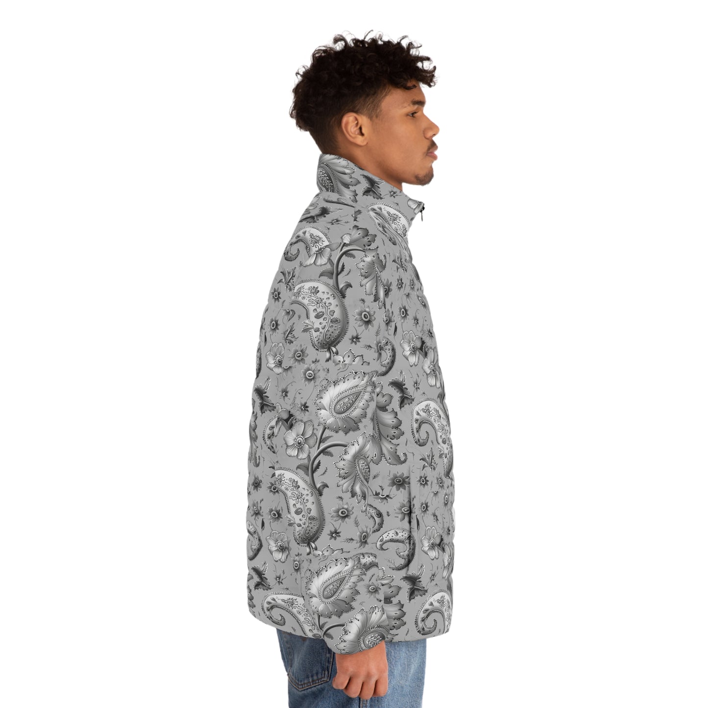 Men's SCBC "El Gris" Puffer Jacket (AOP). Puffer Jacket, Spring, Mens Clothes, Warm Jacket, Lightweight, Paisley Print, Graphic Design.