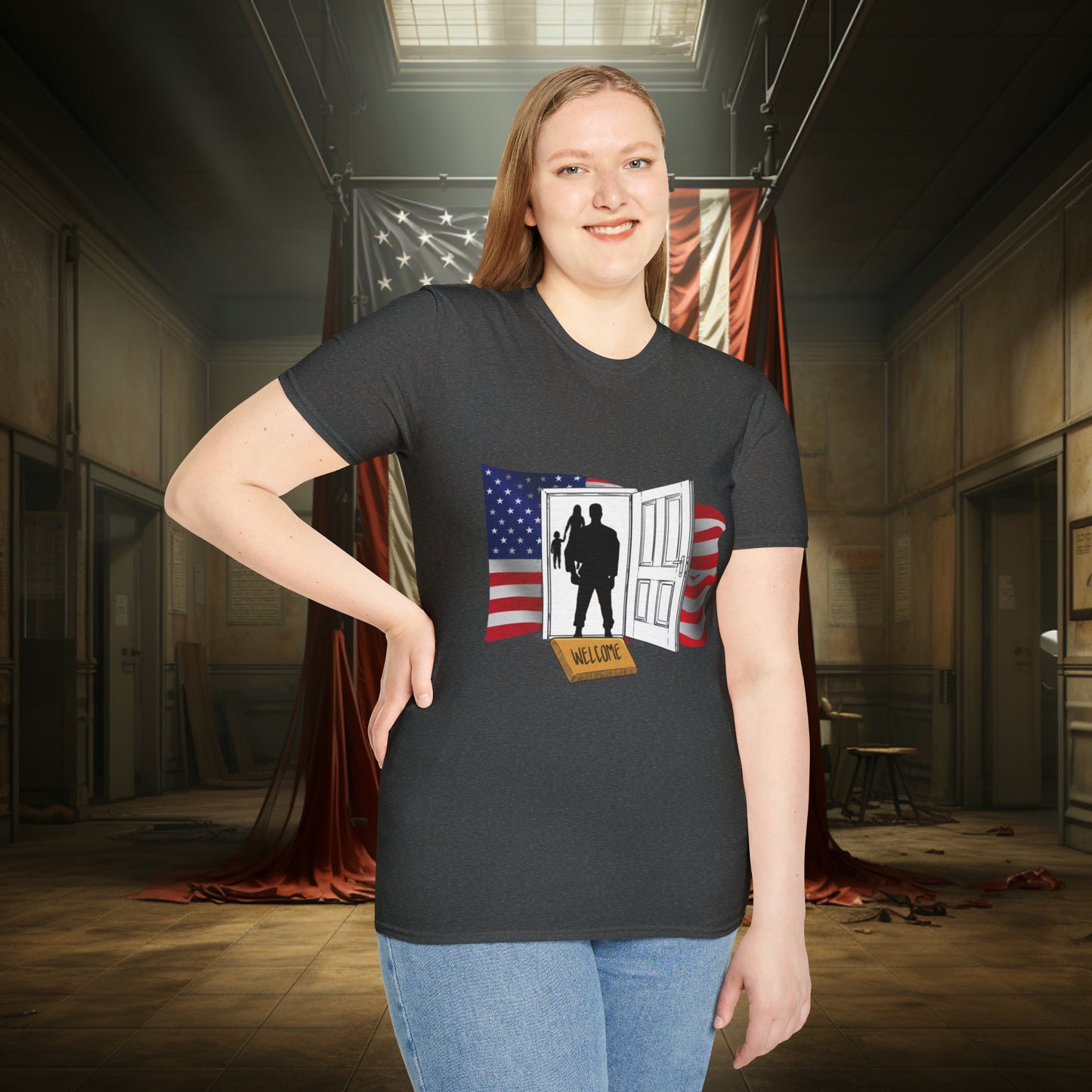 Unisex "Welcome Home" Soft Style T-Shirt.  Hunting Shirt, Patriotic Shirt, Gift For Veteran, Unisex, Army Wife, Veteran, Birthday Gift.