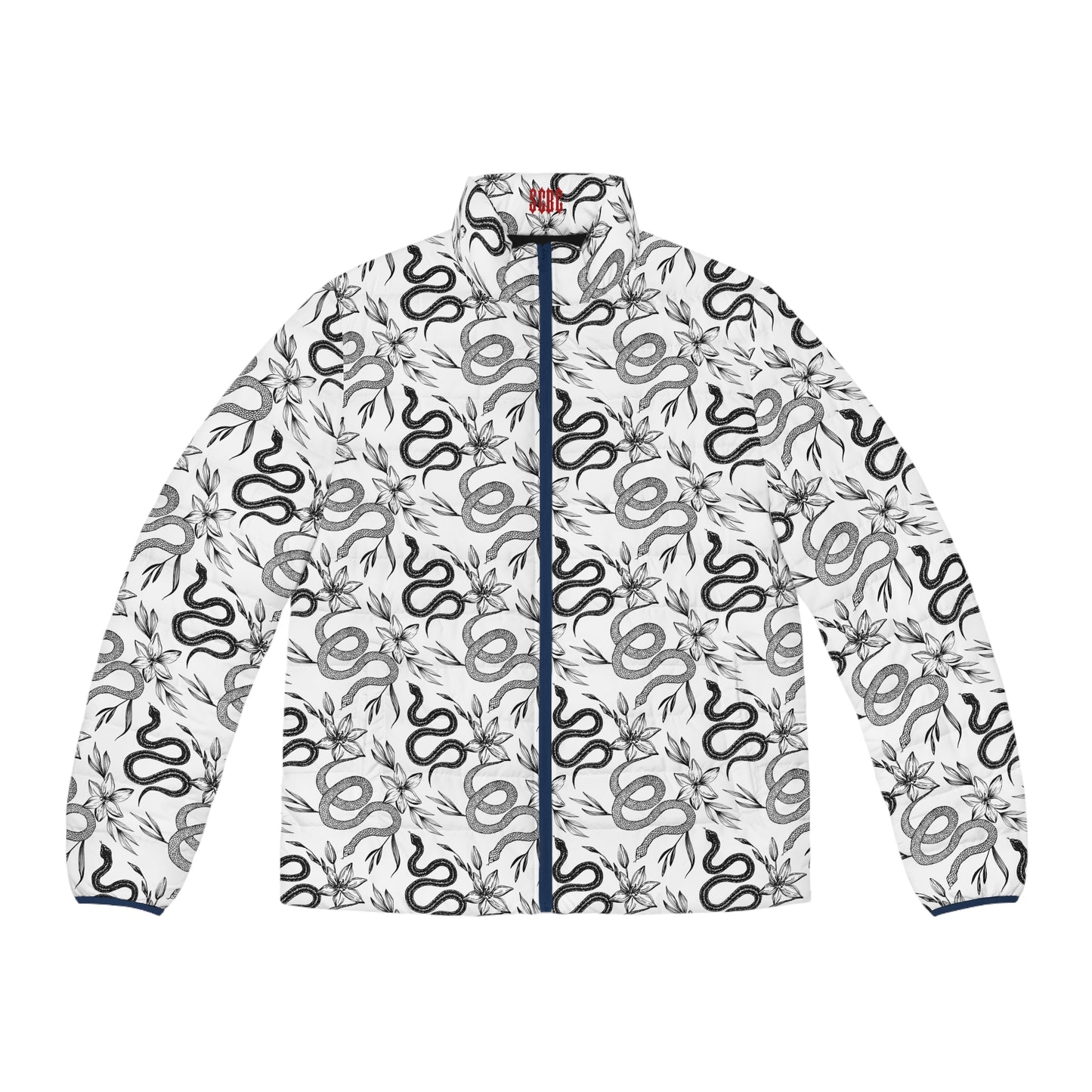 Men's "Serpentine" Puffer Jacket (AOP). Puffer Jacket, Spring, Mens Clothes, Warm Jacket, Lightweight, Snake, Graphic Design