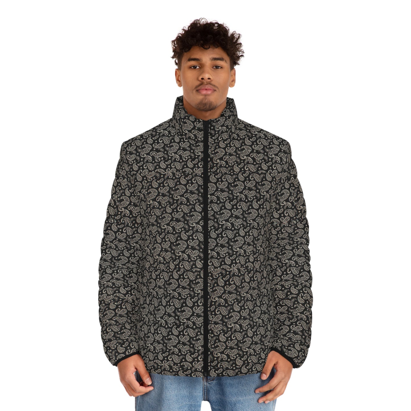 Men's SCBC "Paisley Bro" Puffer Jacket (AOP). Puffer Jacket, Spring, Mens Clothes, Warm Jacket, Lightweight, Paisley Print, Graphic Design.