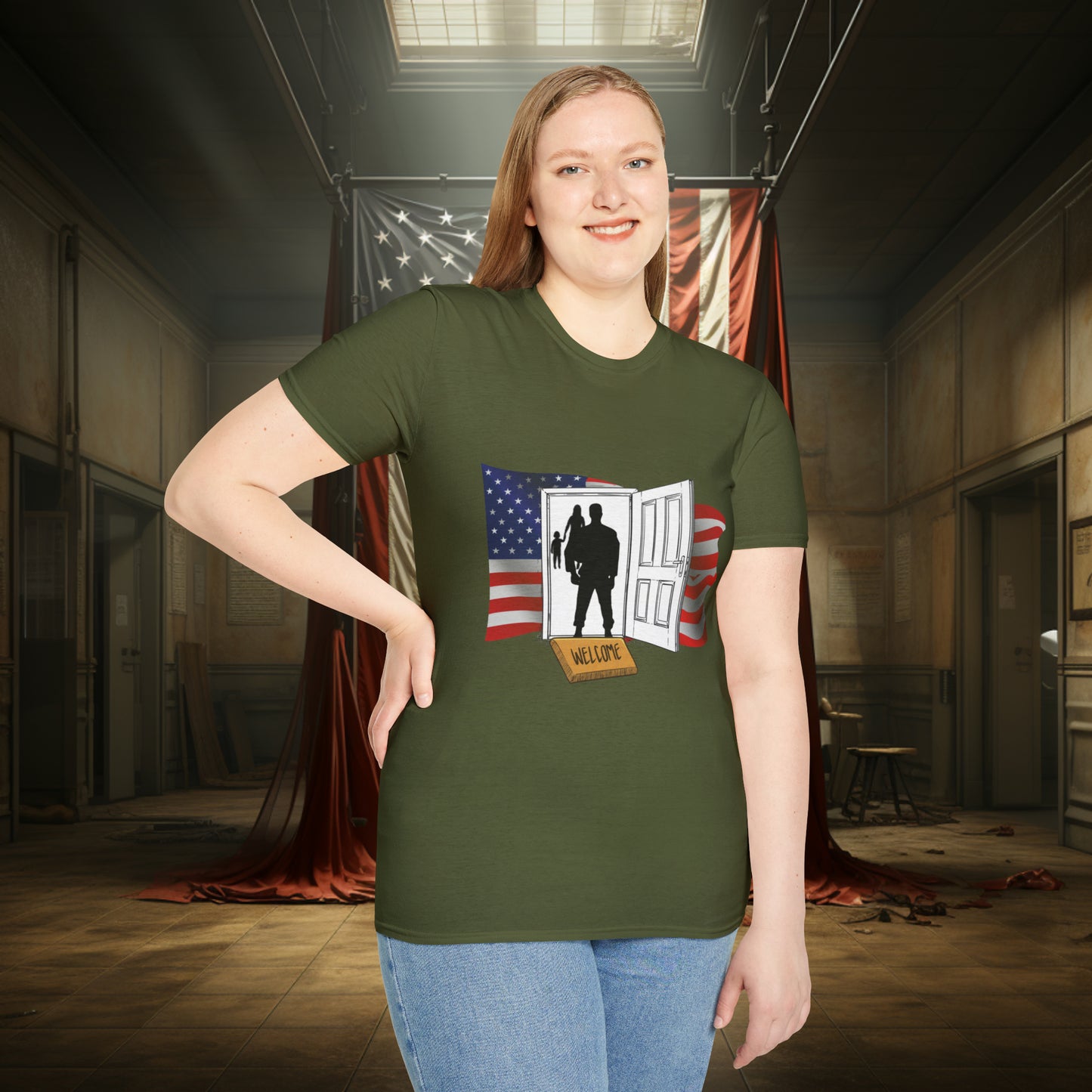 Unisex "Welcome Home" Soft Style T-Shirt.  Hunting Shirt, Patriotic Shirt, Gift For Veteran, Unisex, Army Wife, Veteran, Birthday Gift.