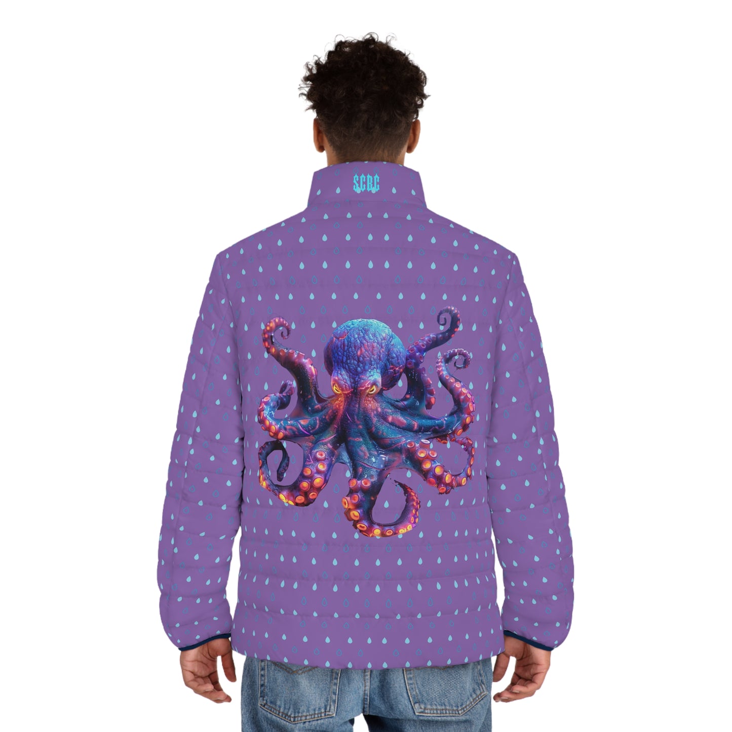 Men's SCBC "Cephalopod" Puffer Jacket (AOP). Puffer Jacket, Spring, Mens Clothes, Warm Jacket, Lightweight, Paisley Print, Graphic Design.