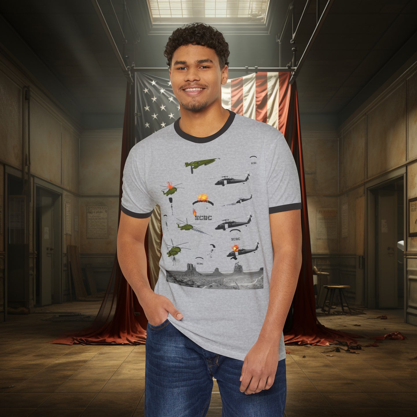 Unisex SCBC "Skull Wars" Cotton Ringer T-Shirt. Graphic T-Shirt, Streetwear, Branded T-Shirt, Original Design, Unisex, Army Shirt, Patriotic