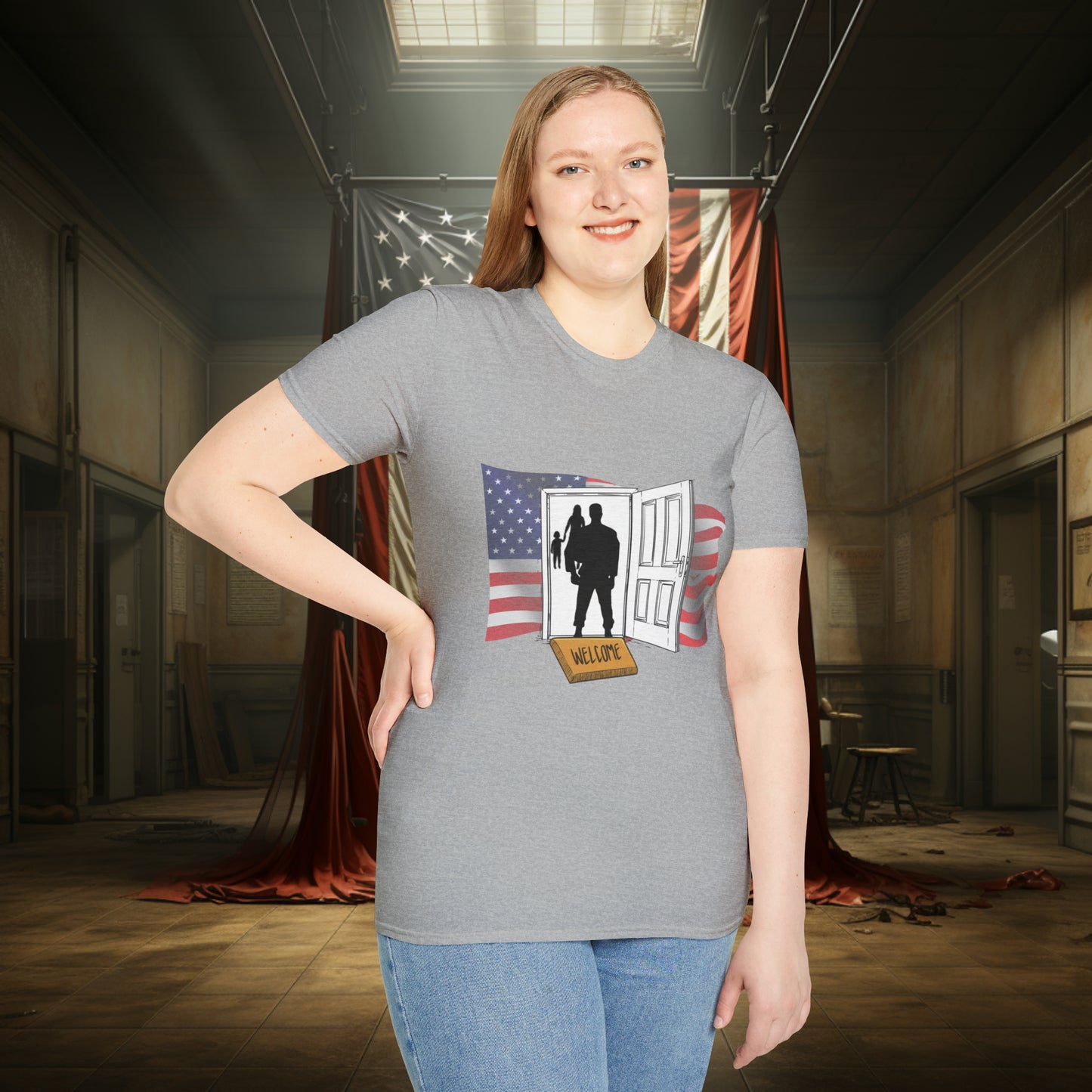 Unisex "Welcome Home" Soft Style T-Shirt.  Hunting Shirt, Patriotic Shirt, Gift For Veteran, Unisex, Army Wife, Veteran, Birthday Gift.