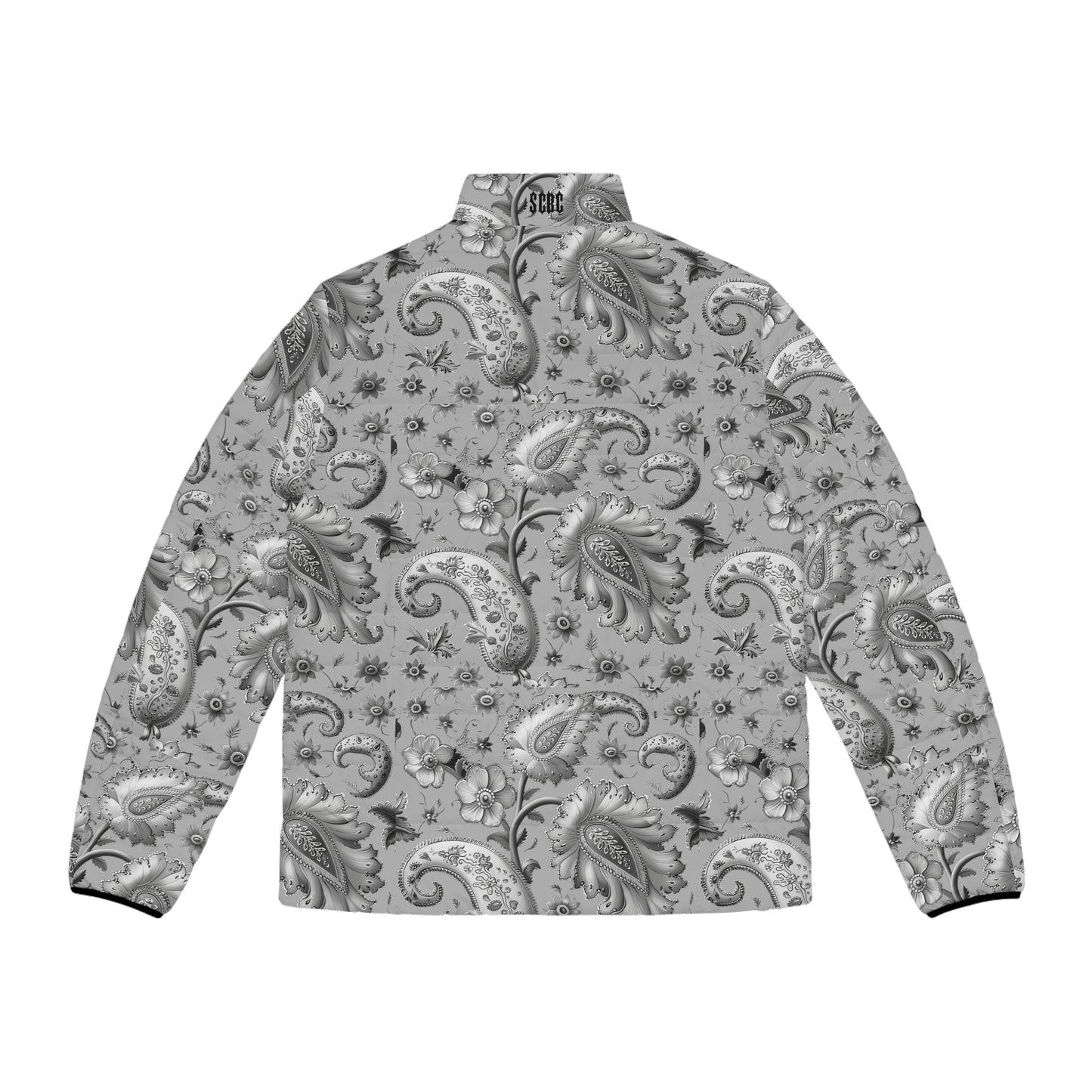 Men's SCBC "El Gris" Puffer Jacket (AOP). Puffer Jacket, Spring, Mens Clothes, Warm Jacket, Lightweight, Paisley Print, Graphic Design.