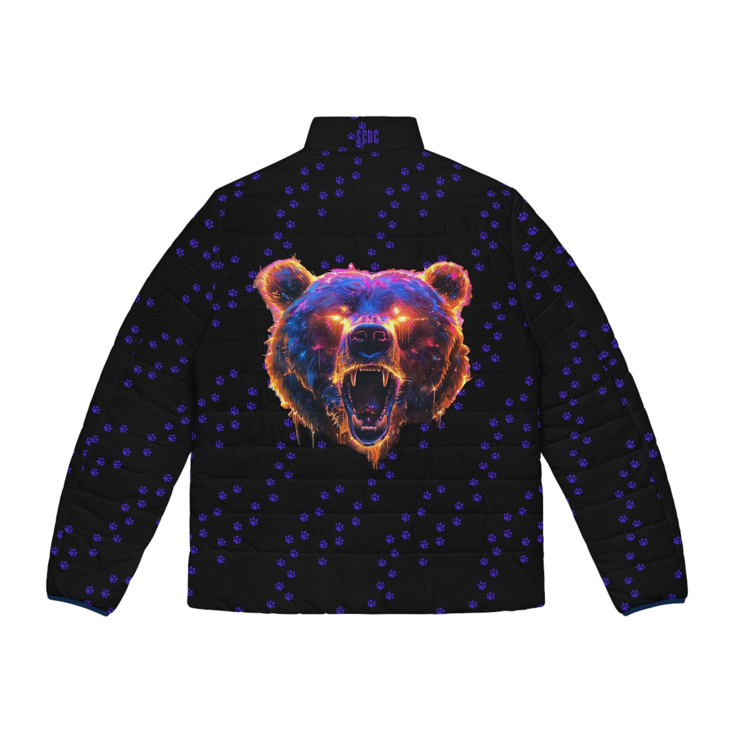 Men's SCBC "Bear-ly Alive" Puffer Jacket (AOP). Puffer Jacket, Spring, Mens Clothes, Warm Jacket, Lightweight, Bear, Graphic Design.