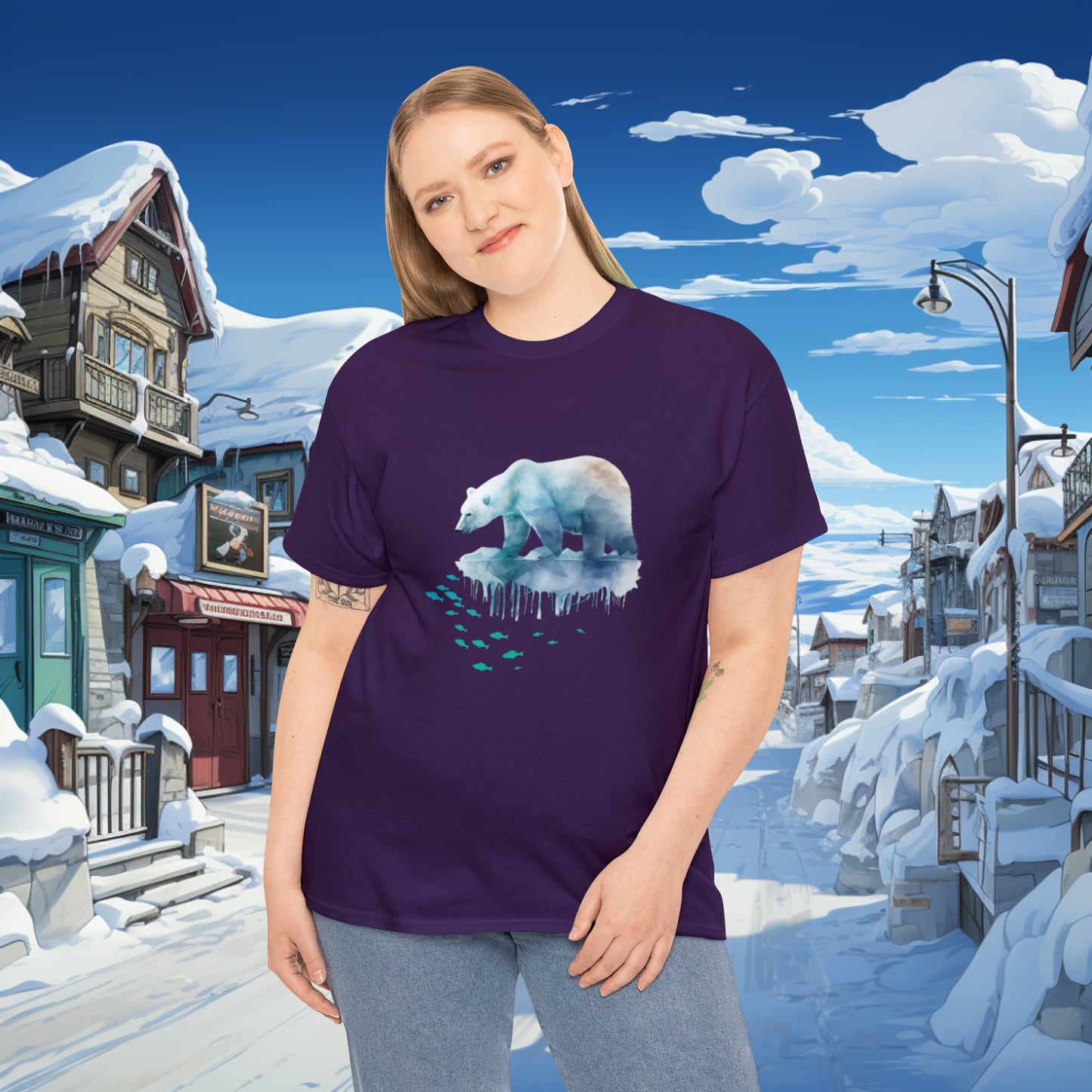 Unisex "Polar Fishing" Heavy Cotton Tee. Graphic T-Shirt, Unisex, Polar Bear, Animal Lover, Gift For Him, Gift For Her, Birthday Gift.