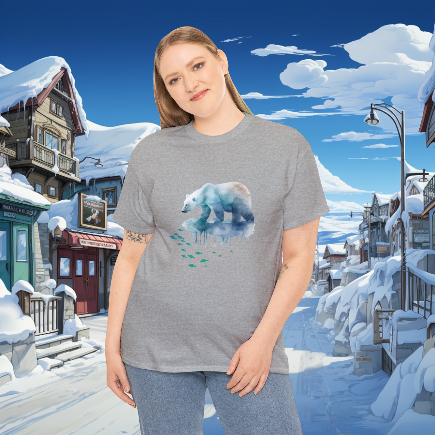 Unisex "Polar Fishing" Heavy Cotton Tee. Graphic T-Shirt, Unisex, Polar Bear, Animal Lover, Gift For Him, Gift For Her, Birthday Gift.
