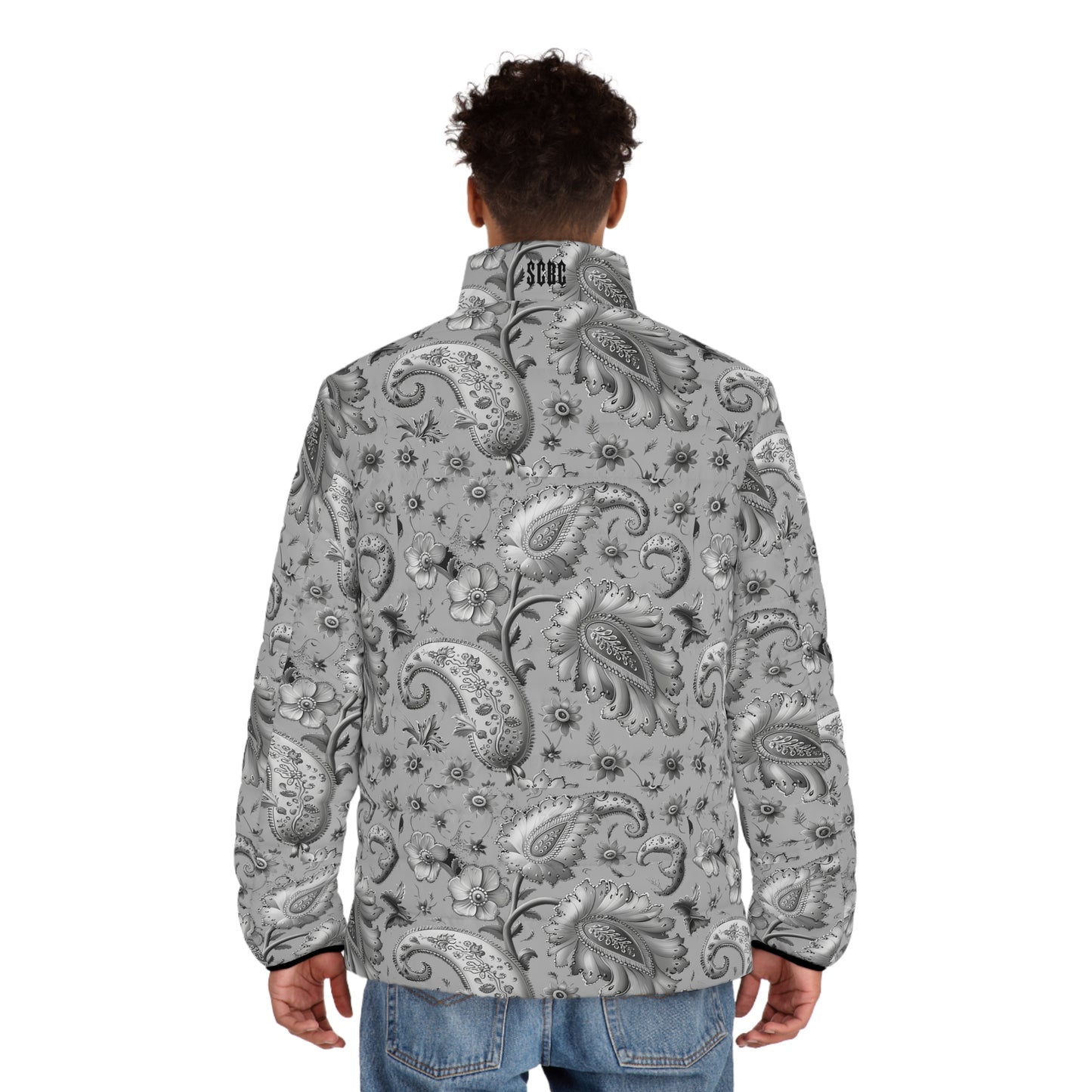 Men's SCBC "El Gris" Puffer Jacket (AOP). Puffer Jacket, Spring, Mens Clothes, Warm Jacket, Lightweight, Paisley Print, Graphic Design.