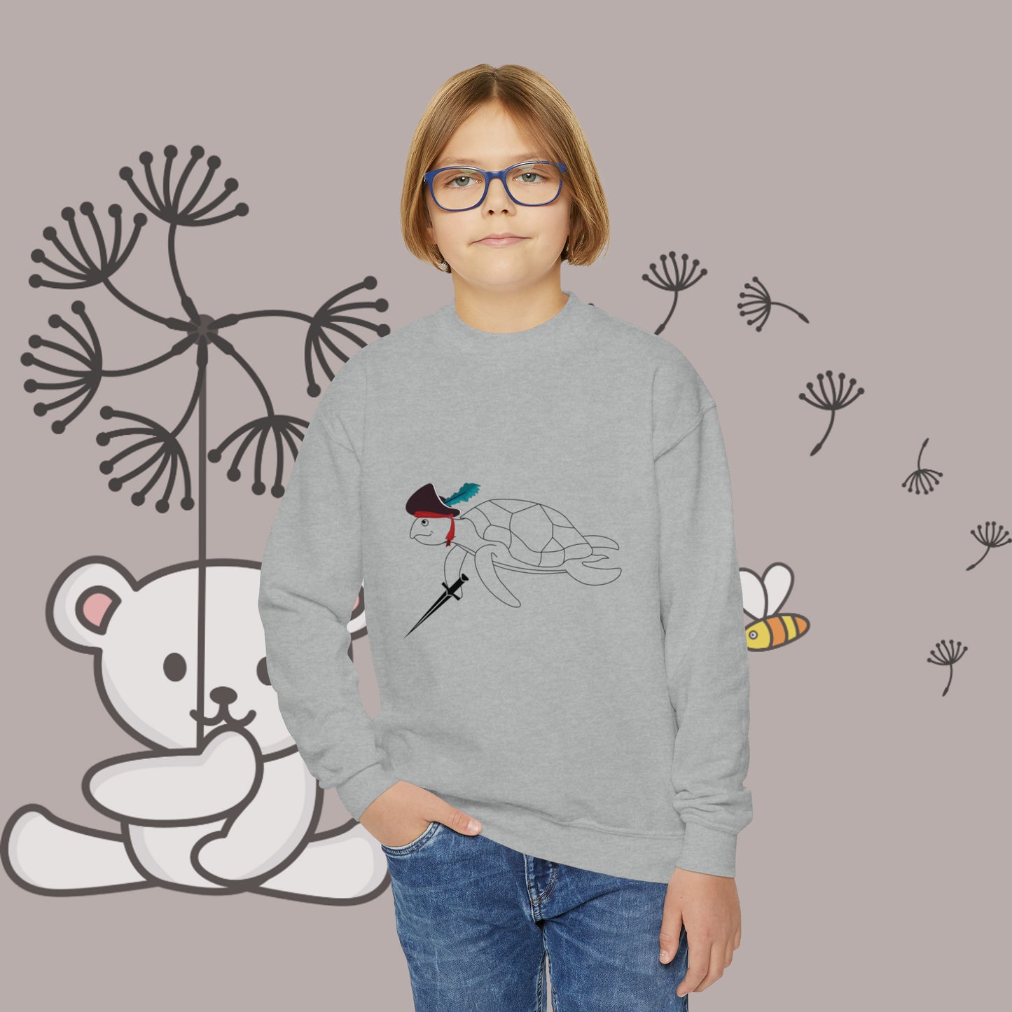 Youth "Pirate Turtle" Crewneck Sweatshirt. Youth Clothes. Pre-Teen. School Clothes. Streetwear. Birthday Gift. Kids Clothes. Gift For Kids