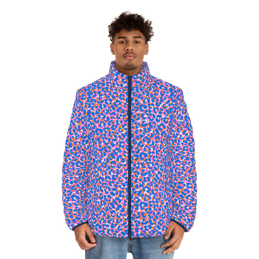 Men's SCBC " Spotted Frenzy" Puffer Jacket (AOP). Puffer Jacket, Spring, Mens Clothes, Warm Jacket, Lightweight, Deer, Graphic Design.