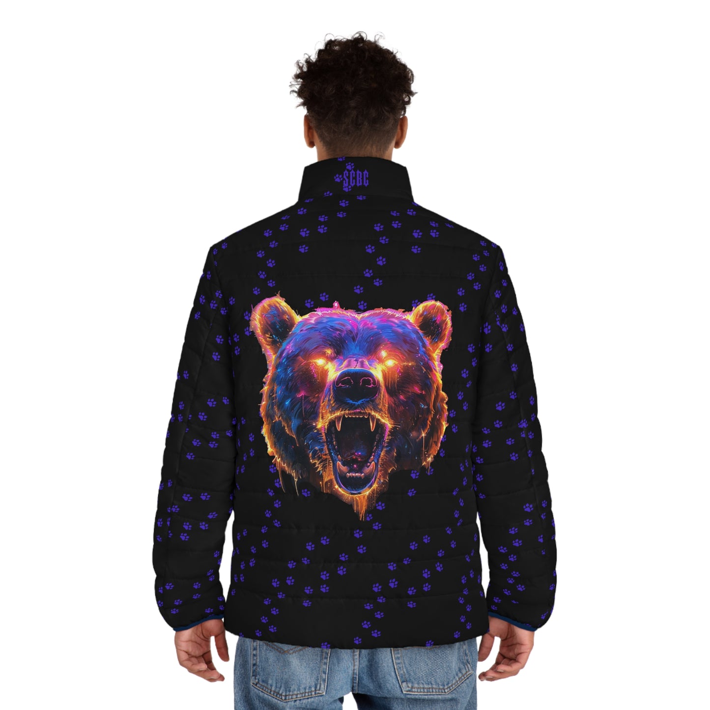 Men's SCBC "Bear-ly Alive" Puffer Jacket (AOP). Puffer Jacket, Spring, Mens Clothes, Warm Jacket, Lightweight, Bear, Graphic Design.