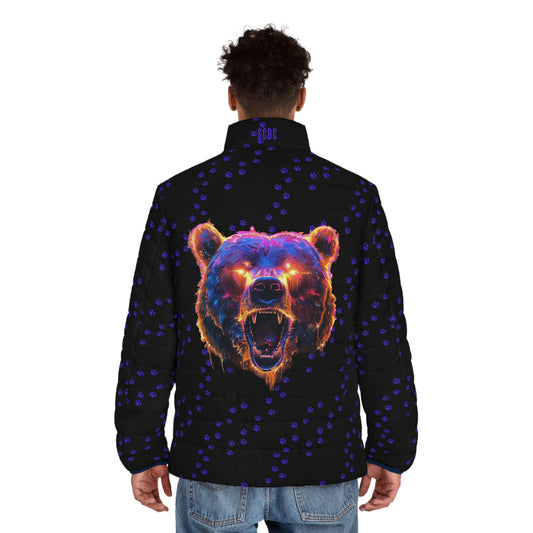 Men's SCBC "Bear-ly Alive" Puffer Jacket (AOP). Puffer Jacket, Spring, Mens Clothes, Warm Jacket, Lightweight, Bear, Graphic Design.