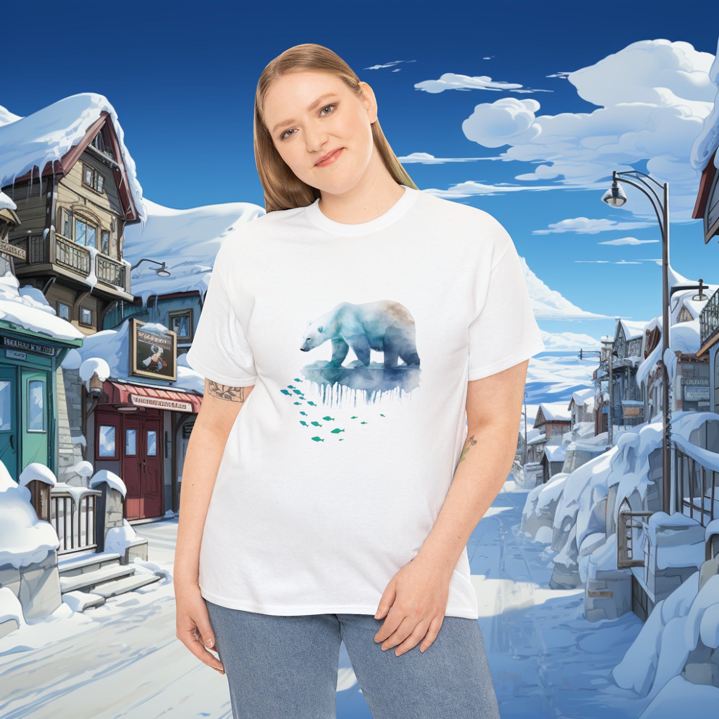 Unisex "Polar Fishing" Heavy Cotton Tee. Graphic T-Shirt, Unisex, Polar Bear, Animal Lover, Gift For Him, Gift For Her, Birthday Gift.