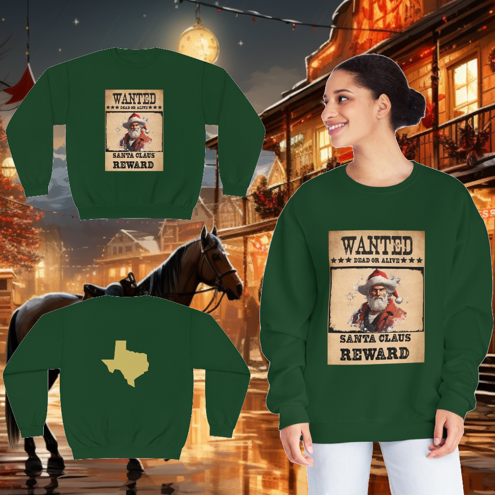 Unisex "Wanted Santa" Crewneck Sweatshirt. Christmas Sweater. Texas. Christmas. Happy Holiday. Stocking Stuffer. Unisex Sweater
