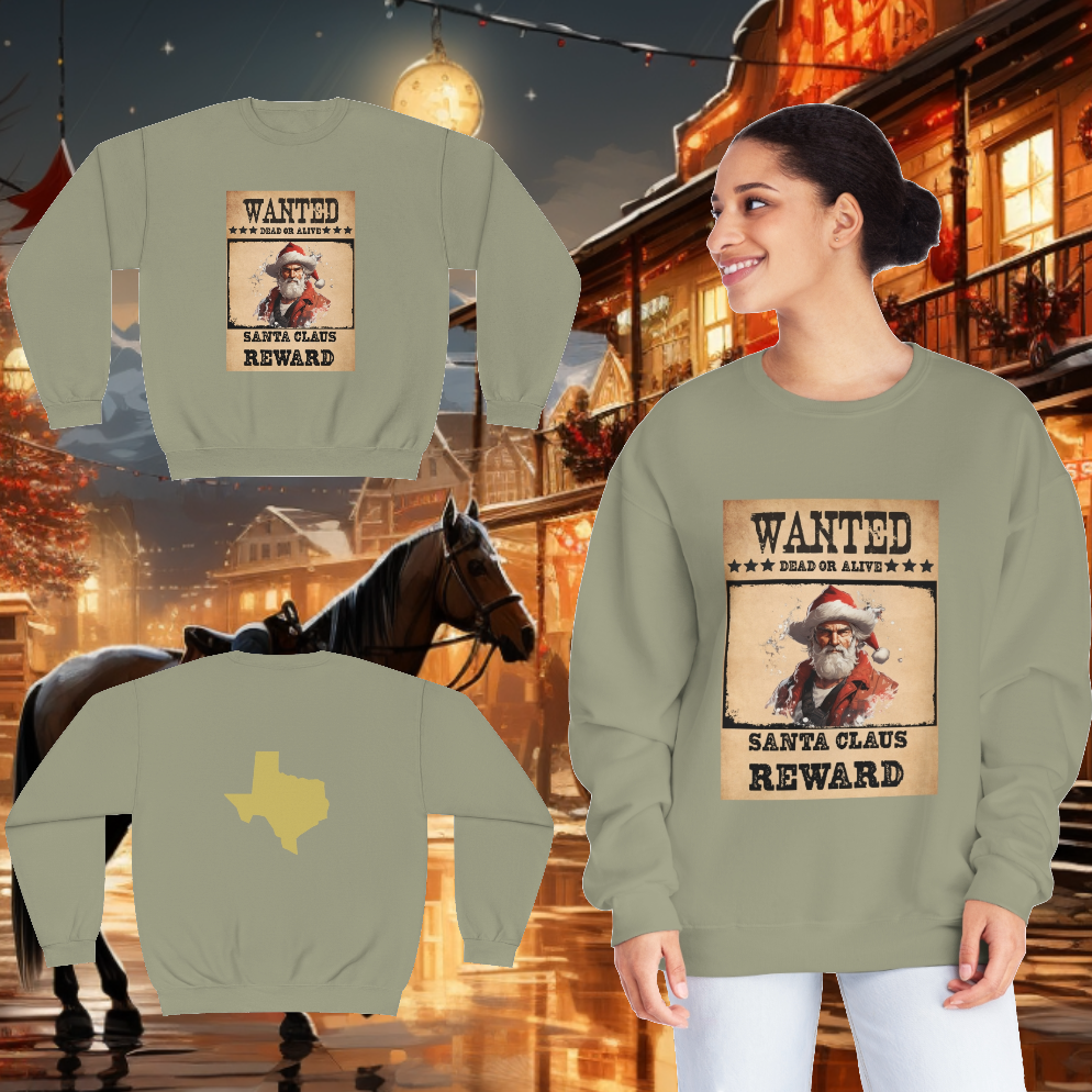 Unisex "Wanted Santa" Crewneck Sweatshirt. Christmas Sweater. Texas. Christmas. Happy Holiday. Stocking Stuffer. Unisex Sweater
