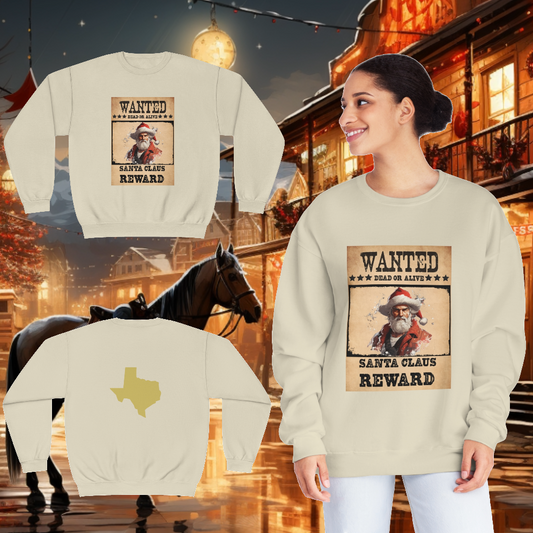 Unisex "Wanted Santa" Crewneck Sweatshirt. Christmas Sweater. Texas. Christmas. Happy Holiday. Stocking Stuffer. Unisex Sweater